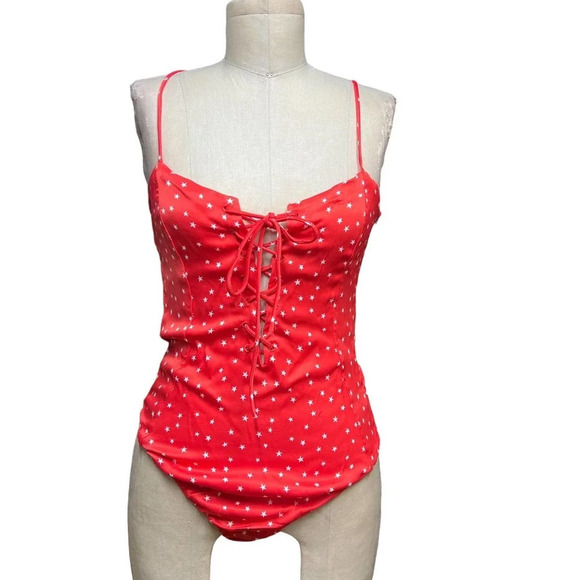 Zara Satin Effect Lace Up Star Bodysuit Red White Size Medium - Picture 1 of 12